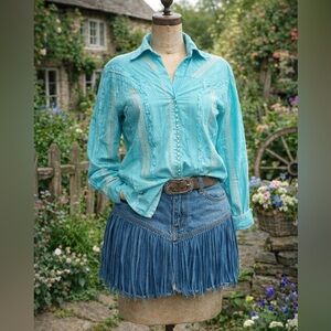 Vintage Y2K Scully Women’s Western Snap Button, Cottage Core, Blue, Ruffle Shirt
